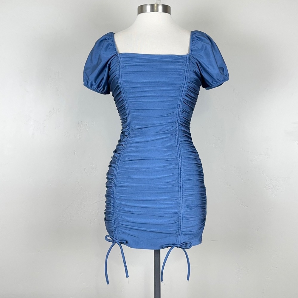 Women Coquette Ruched Bodycon Blue Mini Dress Sz Small Puff Sleeve Bow Smocked